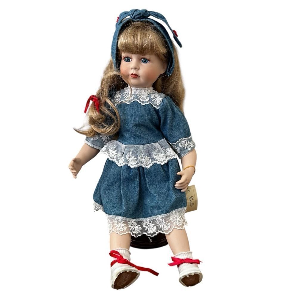 Vintage 1992 JCPenney Collectible Doll Blond Hair Blue Denim Lace Dress W/ Stand